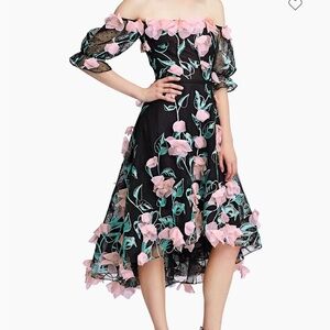 Marchesa Notte Black and Pink floral off shoulder dress